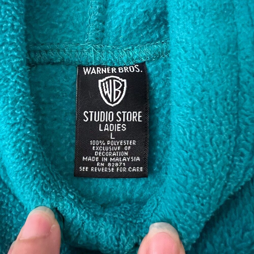 Looney Tunes Womens Large Bugs Bunny Fleece Hoodie Sweatshirt Teal Mitten Pocket - Picture 4 of 5